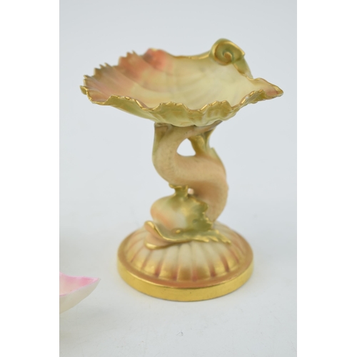 254 - Royal Worcester dolphin and shell form table salt, model number G49 c1910 together with a Maple Leaf... 