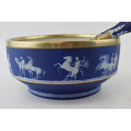 266 - A late 19th / early 20th century dip blue Jasperware bowl with salad servers, unmarked though assume... 