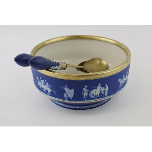 266 - A late 19th / early 20th century dip blue Jasperware bowl with salad servers, unmarked though assume... 