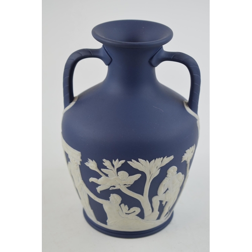 268 - Wedgwood 20th century Dark Blue Jasperware Portland Vase, 15cm tall, impressed date mark for 1973.