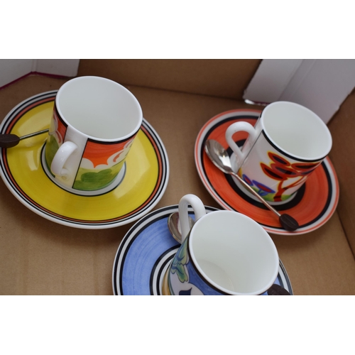 273 - Wedgwood Bizarre by Clarice Cliff cups and saucers, Cafe Chic, to include Summerhouse and 4 others, ... 