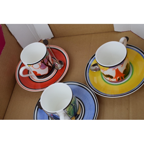 273 - Wedgwood Bizarre by Clarice Cliff cups and saucers, Cafe Chic, to include Summerhouse and 4 others, ... 