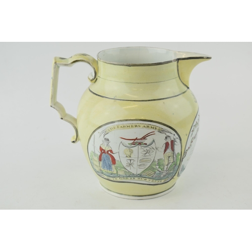 284 - 19th century jug 'The Farmers Arms, In God Our Trust' with hand-painted design depicting oxen pullin... 