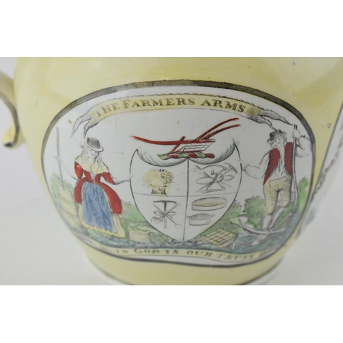 284 - 19th century jug 'The Farmers Arms, In God Our Trust' with hand-painted design depicting oxen pullin... 