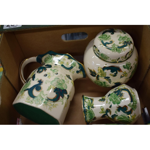 286 - A collection of Mason's Ironstone Green Chartreuse item to include a trio of jugs, a clock, a vase a... 