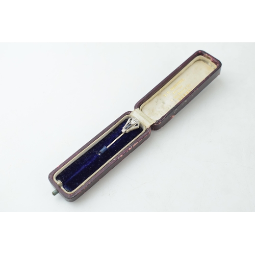 374 - Boxed Art Deco diamond and sapphire white metal stick pin (tests as 9ct gold or better), 1.6 grams, ... 