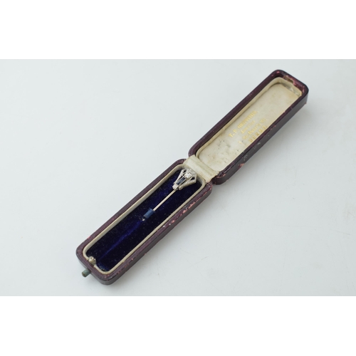 374 - Boxed Art Deco diamond and sapphire white metal stick pin (tests as 9ct gold or better), 1.6 grams, ... 