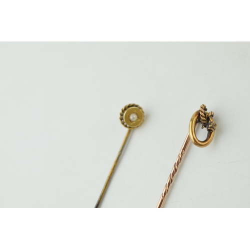 380 - A pair of 9ct gold stick pins, one set diamond, the other set pearl, 2.4 gram combined, 1 base metal... 