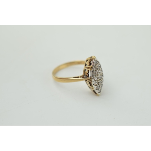 383 - 9ct gold marquis ring, size O/P, 2.6 grams.