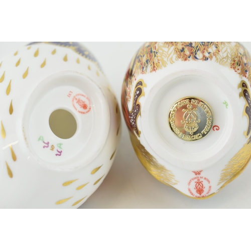 45 - Two Royal Crown Derby paperweights, Little Owl with lavish decoration in blue, red and gold feathers... 