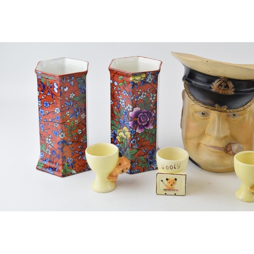 108 - A collection of ceramic items to include character jug Winston Churchill,  a pair of BWM hexagonal v... 