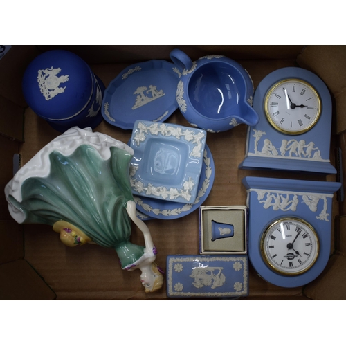 263 - A collection of Wedgwood Jasperware and Queensware items to include clocks  lidded pots, trinket tra... 