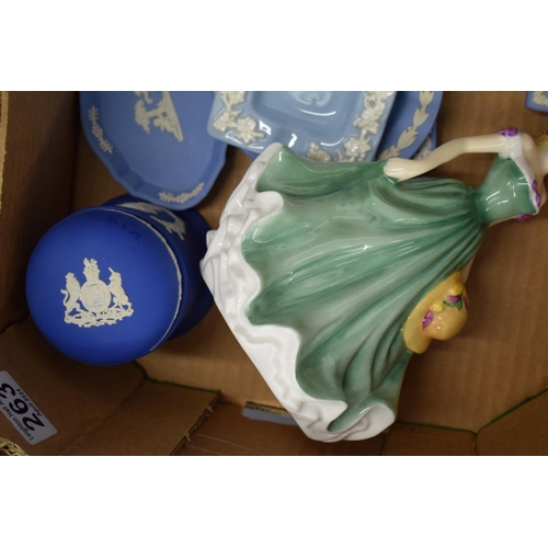 263 - A collection of Wedgwood Jasperware and Queensware items to include clocks  lidded pots, trinket tra... 