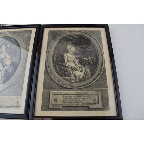 302 - A pair of silver plated photo frames, tallest 26cm tall, with a pair of French fashion prints / engr... 