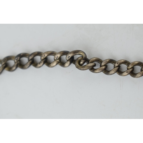 304 - An antique silver graduated Albert chain with hallmarks to every link. T bar and lobster claw clasp.... 