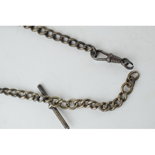 304 - An antique silver graduated Albert chain with hallmarks to every link. T bar and lobster claw clasp.... 