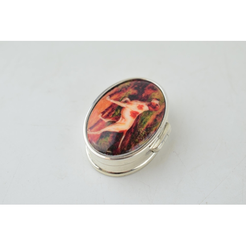 307 - Sterling silver pill box with pointer enamel insert, 3.5cm wide, modern.