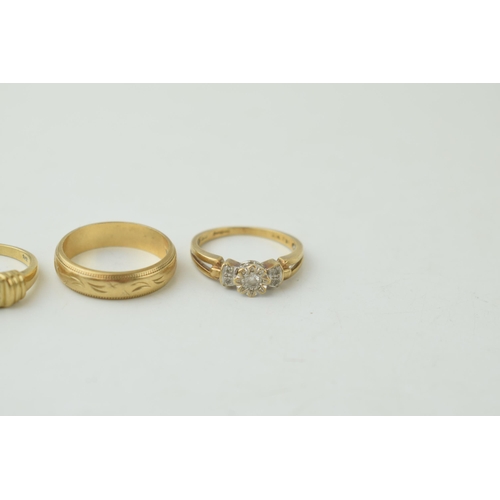 334 - Three 9ct yellow gold ladies rings to include a wedding band, a diamond set ring together with anoth... 