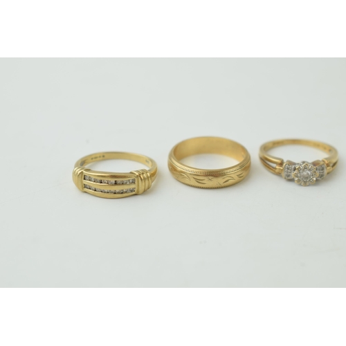 334 - Three 9ct yellow gold ladies rings to include a wedding band, a diamond set ring together with anoth... 