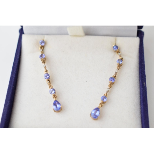 348 - A pair of 9k tanzanite and diamond drop earrings with Jewellery Channel Guarentee, boxed, 2.6 grams ... 