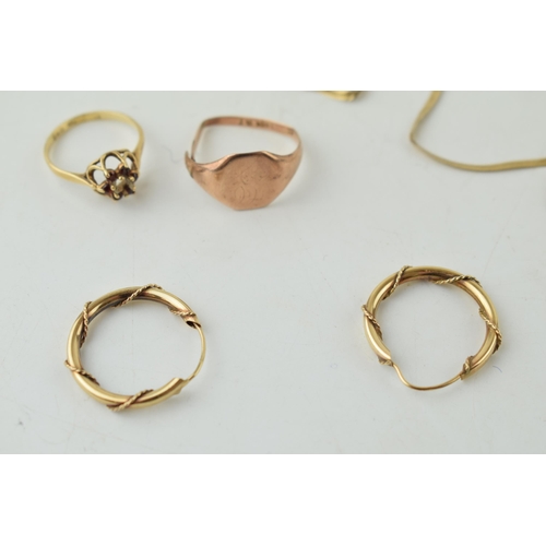 351 - A collection of 9ct gold items to include a necklace and pair of earings together with two rings, al... 