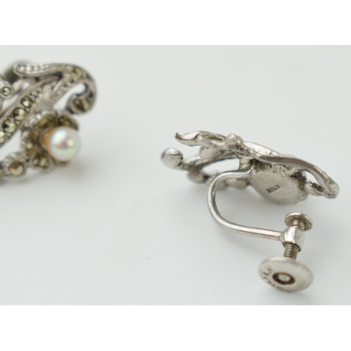 393 - A pair of silver and marcasite pearl earrings (2).