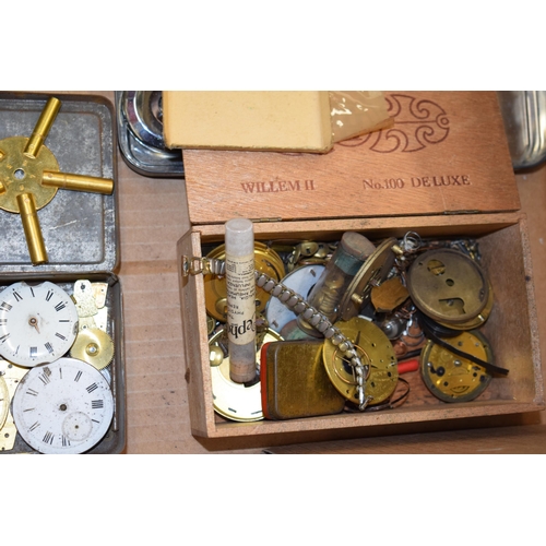 413 - A mixed collection of clock and watch spare parts to include movements, clock key, tools and various... 