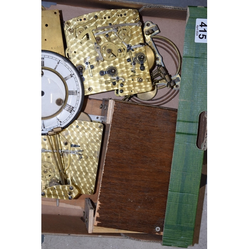 415 - A mixed collection of clock spare parts to include movements, chimes, cases and various similar item... 