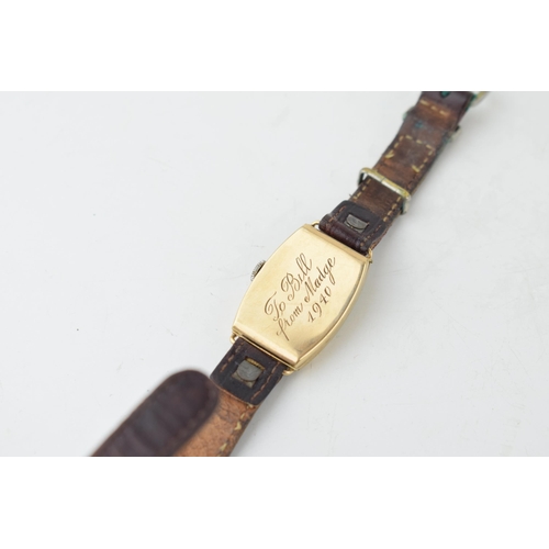 418 - A gentleman's 9ct gold wristwatch inscribed to back of case '1940'. Rectangular dial with subsidiary... 