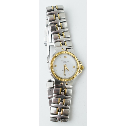 A ladies Raymond Weil Geneve Parsifal wristwatch. Quartz date movement with white circular dial. Date window at 6 o'clock. Roman numerals at 12, 3, 6, and 9. Case diameter 24mm.