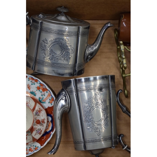 617 - A collection of items to include pewter tea and coffee pots, brass kettle on stand, oriental ceramic... 