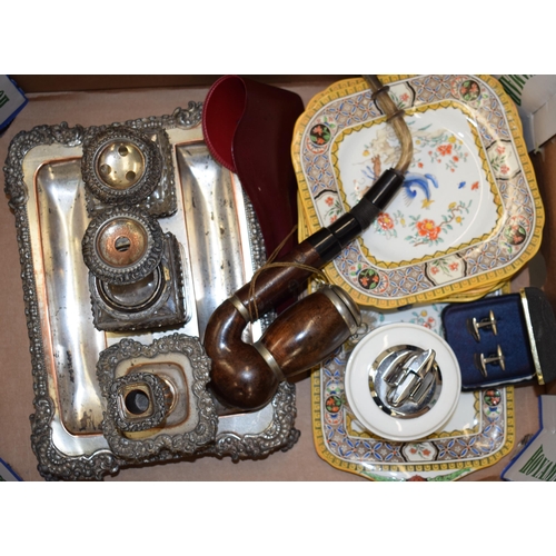 620 - A mixed collection of items to include 19th century ink stand, Bruyere Also pipe, pair of cufflinks,... 