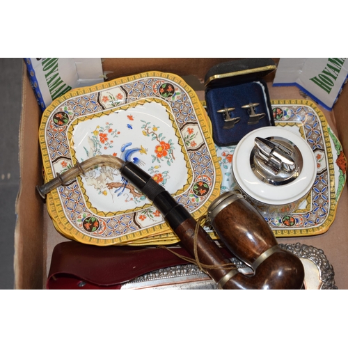 620 - A mixed collection of items to include 19th century ink stand, Bruyere Also pipe, pair of cufflinks,... 