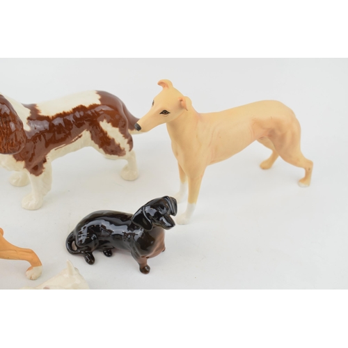 174 - Beswick dogs to include a spaniel, a matte boxer, a greyhound (damaged ear), a dachshund and westies... 