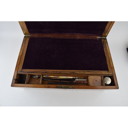 493 - Antique writing slope with original purple velvet writing pad. includes inkwell and calligraphy pens... 