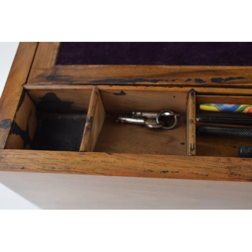 493 - Antique writing slope with original purple velvet writing pad. includes inkwell and calligraphy pens... 