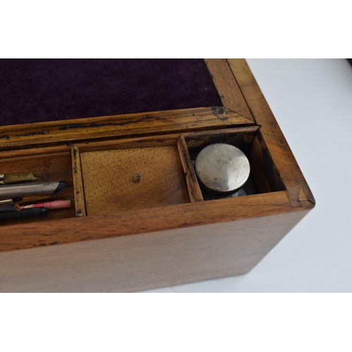 493 - Antique writing slope with original purple velvet writing pad. includes inkwell and calligraphy pens... 