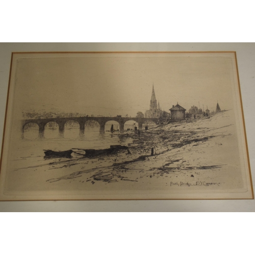 531 - A D Y Cameron etching of Perth Bridge, signed bottom right, 18cm x 27cm, framed/ glazed, with a larg... 