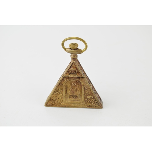 547 - Bronze style Masonic triangular clock, with top wind, 6.5cm tall, in working order, modern.