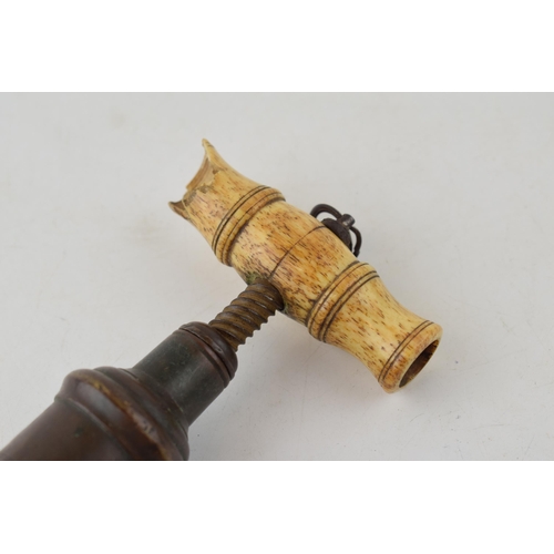 557 - 19th Century brass cylinder Thomason type double action corkscrew with turned bone handle (brush mis... 