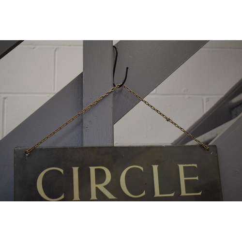 568 - Glass Art Deco 'CIRCLE LOUNGE' sign on chain with metal back plate. 46cm x 23cm.