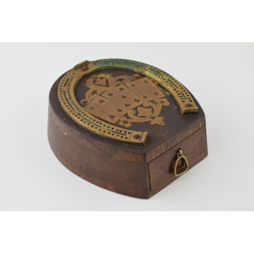 632 - A late 19th / early 20th century gaming board with brass horse shoe, game markers and drawer. Dimens... 