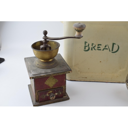 648 - An original vintage enamel bread bin with green writing together with a studio pottery stoneware vas... 