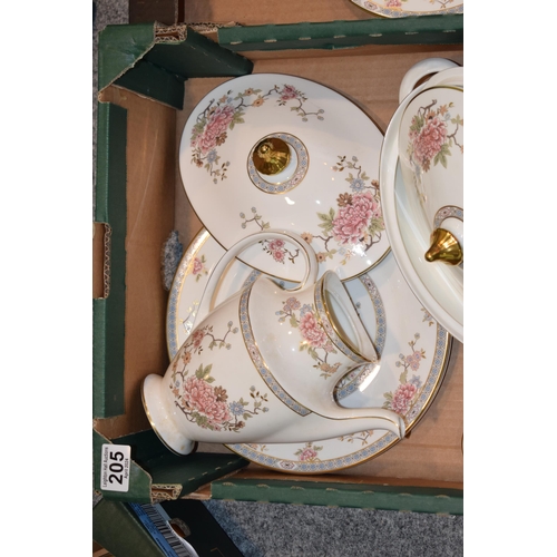 205 - Royal Doulton dinner ware in the Canton pattern to include coffee pots, a tureen, bowls, plates and ... 