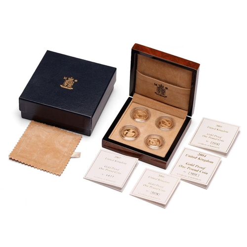 4 x £1 'Bridges' 22ct gold proof coin set, 2004 - 2007.  All with individual numbered certificates (differing numbers), polished wooden presentation case, and card outer box.