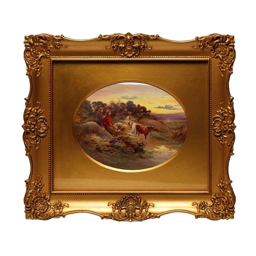 Royal Doulton hand painted oval plaque, depicting ladies watching cattle walk-by, signed by Joseph Hancock, 22.5cm wide, set in gilt mount and gilt ornate frame, 37cm x 42cm, glazed.