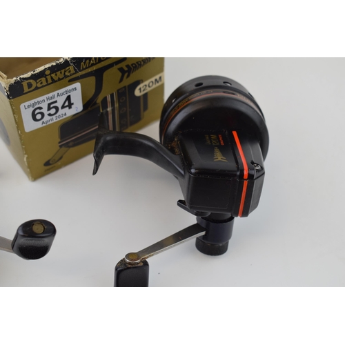 654 - Two Daiwa Harrier 120M Graphite Match reels, close face, one in original box. (2)