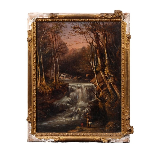 101 - 19th century oil on board of a mountainous fishing scene, with a fisherman, 30cmx23cm, in period gil... 