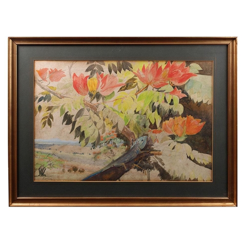 103 - Kathleen Mary Persse (1897 - 1979) Flame Trees in Thika with Chameleon. Watercolour in gilt frame. S... 