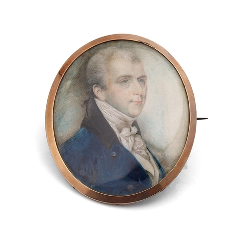 104 - Oval portrait miniature on ivory of a gentleman, in 9ct gold frame, bears monogram DM in gold laid t... 